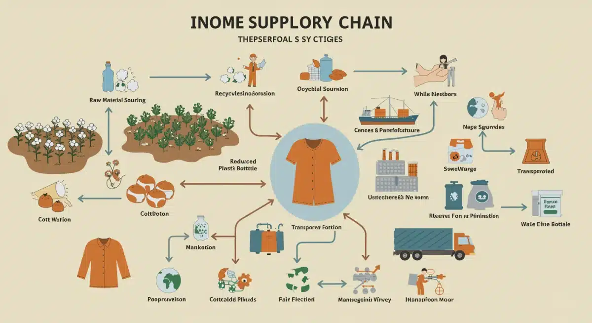 Infografía detallada de la cadena de suministro de una prenda, destacando procesos y puntos de impacto ambiental y social.