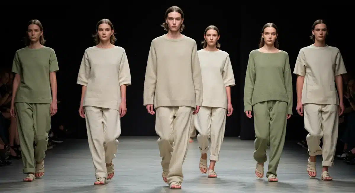 Grupo de modelos vistiendo atuendos minimalistas y sostenibles en tonos neutros, representando la tendencia 'Minimalismo Consciente' PV26.