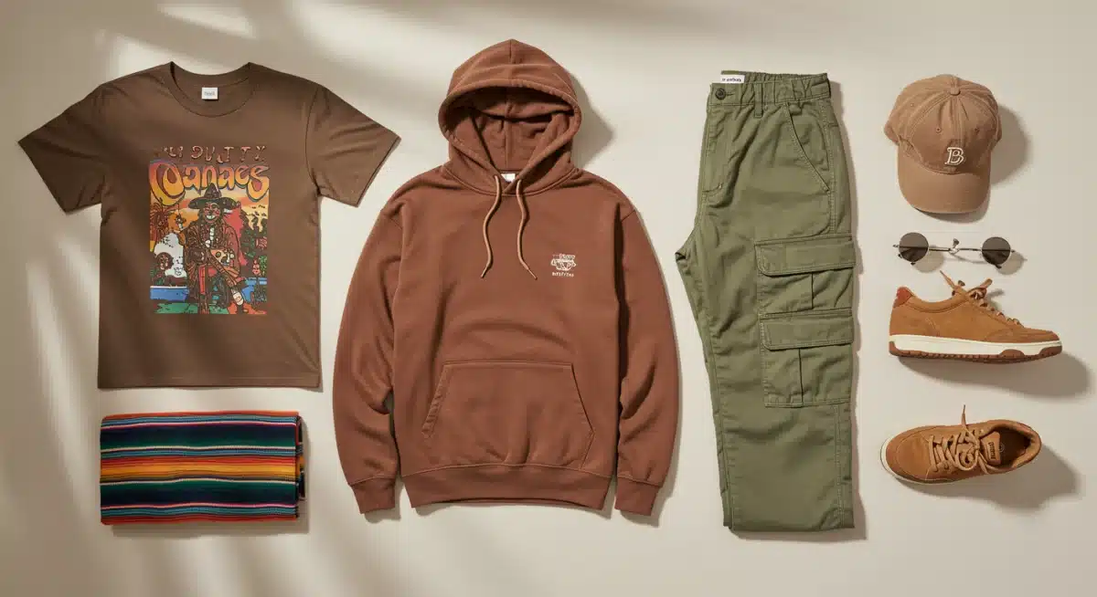 Diseño plano de prendas básicas de streetwear mexicano: camiseta gráfica, sudadera oversized, cargo pants y gorra.