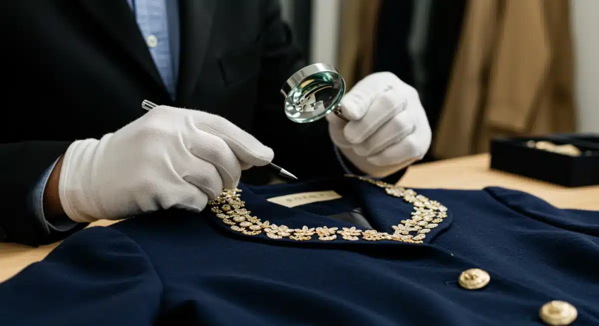 Experto tasando una pieza de alta costura vintage con guantes, evaluando su autenticidad y valor de mercado.