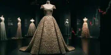 Vestido de alta costura icónico de 2026 exhibido en una galería de lujo, simbolizando inversión y revalorización.
