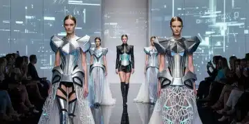 Modelos desfilando prendas de alta costura con elementos impresos en 3D, fusionando tecnología y lujo en la pasarela.