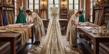 Diseñadores trabajando en alta costura mexicana en un atelier de lujo