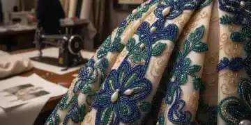 Detalle de bordado a mano en vestido de alta costura, reflejando la artesanía y exclusividad.