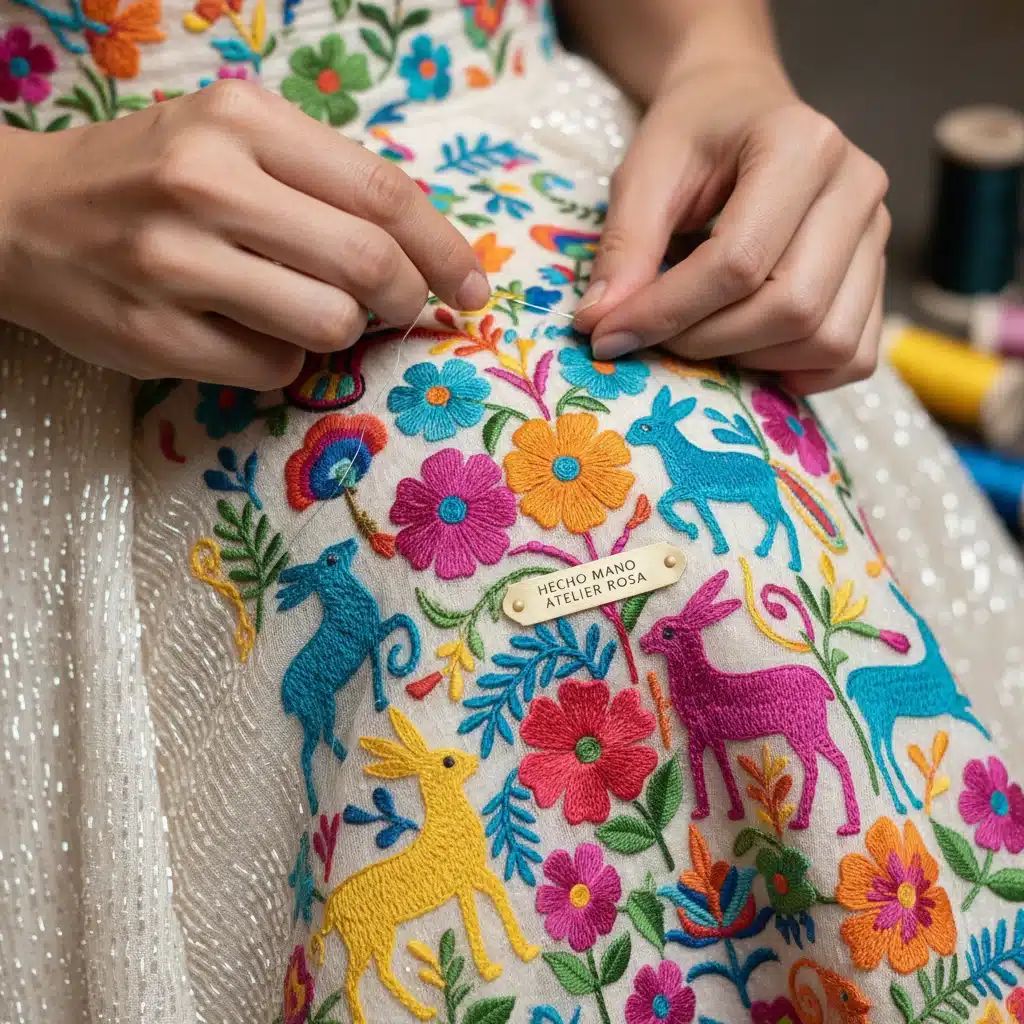 Detalle de bordado artesanal en vestido de alta costura mexicana