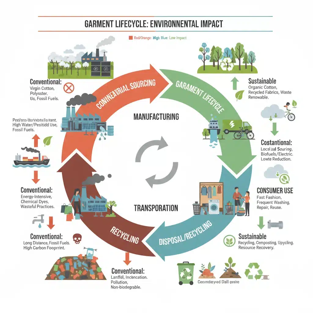 Infografía del ciclo de vida de una prenda, comparando el impacto ambiental de la moda convencional y sostenible.