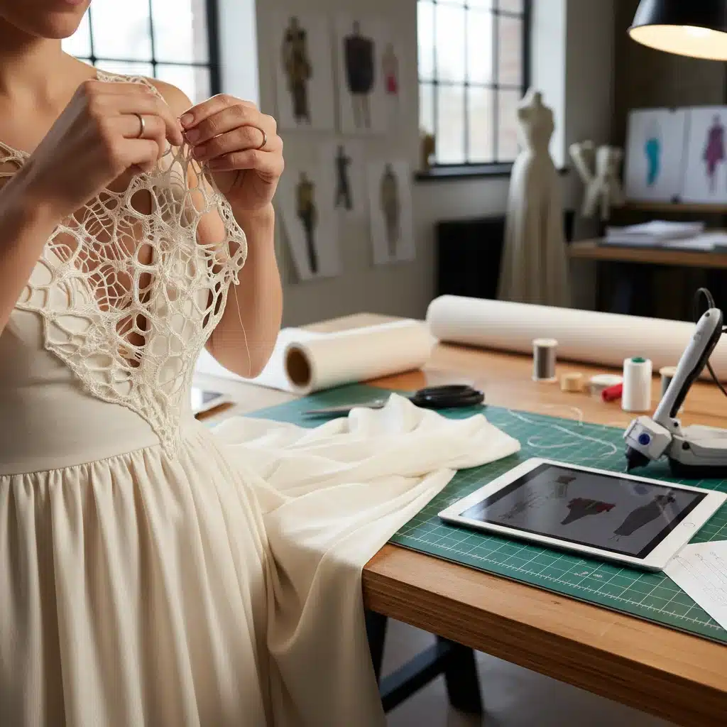Manos de diseñador integrando un delicado componente impreso en 3D en una prenda de alta costura, mostrando la fusión de artesanía y tecnología.