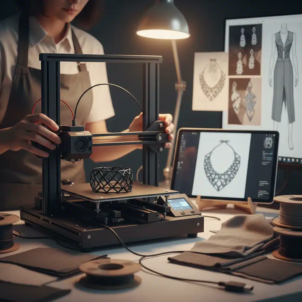 Diseñador utilizando una impresora 3D para crear accesorios de moda, simbolizando la innovación tecnológica.