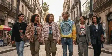 Jóvenes con estilo urbano global en una calle vibrante de la Ciudad de México, fusionando tendencias y cultura local.