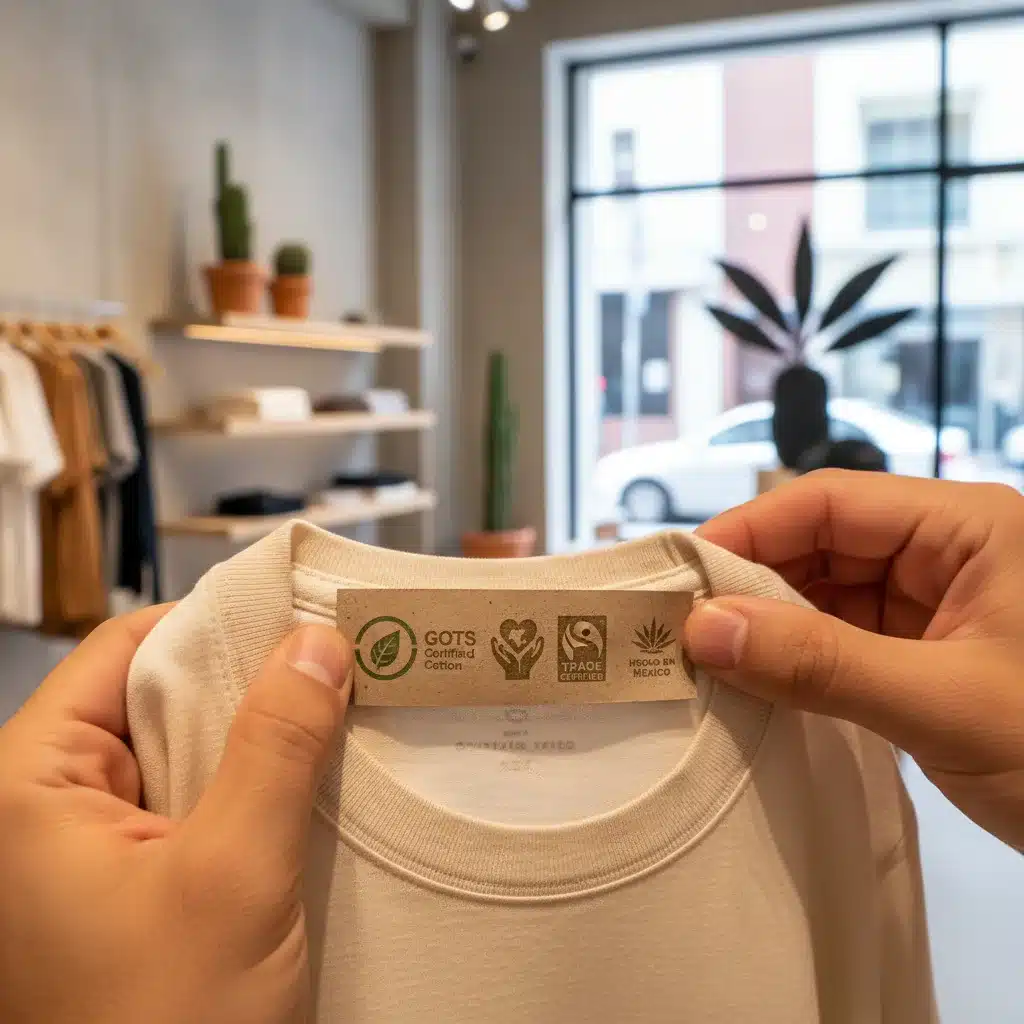 Detalle de una etiqueta de ropa sostenible con certificaciones de comercio justo y materiales orgánicos.