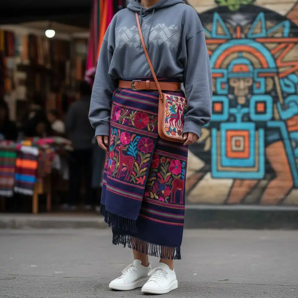 Detalle de un look que fusiona streetwear global con accesorios mexicanos tradicionales, mostrando armonía cultural.