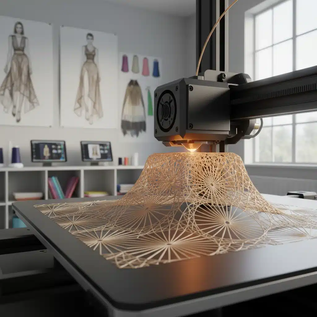 Impresora 3D creando un patrón textil complejo con gran precisión, destacando la innovación en el diseño de moda.