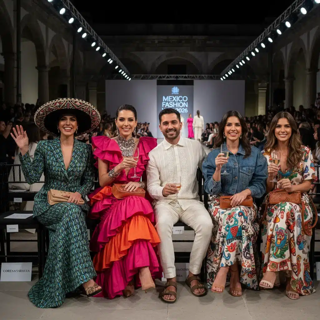 Blogueros e influencers de moda mexicana en el front row de un desfile, discutiendo tendencias.