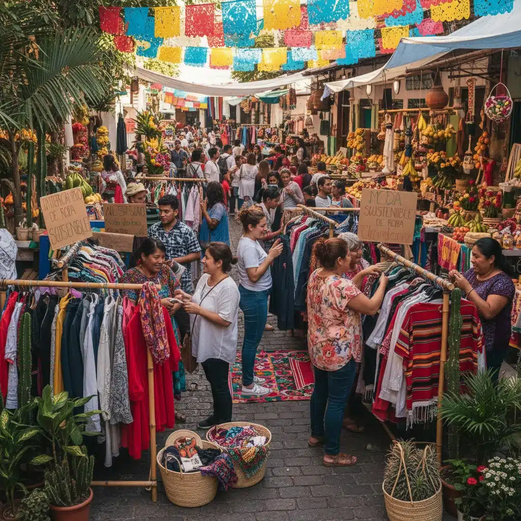 Intercambio de ropa en un mercado mexicano, promoviendo la moda circular y sostenible.