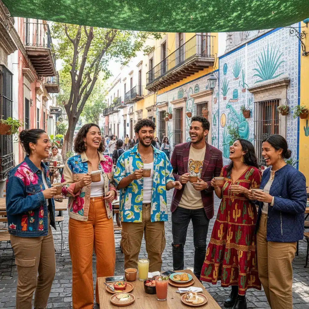 Amigos sonriendo en una cafetería urbana, vistiendo moda sostenible y elementos de diseño mexicano contemporáneo.