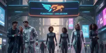 Jóvenes con ropa deportiva y moda urbana futurista en una calle vibrante al atardecer, reflejando las tendencias de 2026.