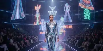 Modelo en pasarela futurista con proyecciones de realidad aumentada en un evento de moda en México.