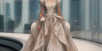 Modelo luciendo un vestido de alta costura confeccionado con tela biodegradable innovadora en un desfile futurista.