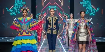 Modelos desfilando con diseños vanguardistas de diseñadores mexicanos emergentes en una pasarela futurista, destacando la fusión de herencia y modernidad.