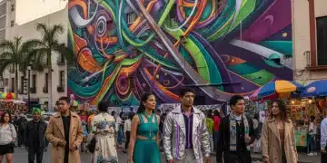Mural de arte urbano vibrante en México con personas vistiendo moda de color urbano 2026