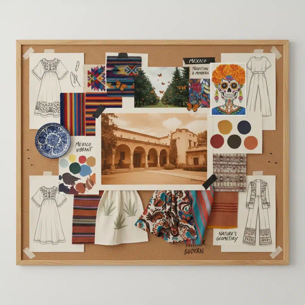 Panel de inspiración con elementos de la cultura mexicana, arquitectura y naturaleza, junto a muestras de tela y paletas de colores.