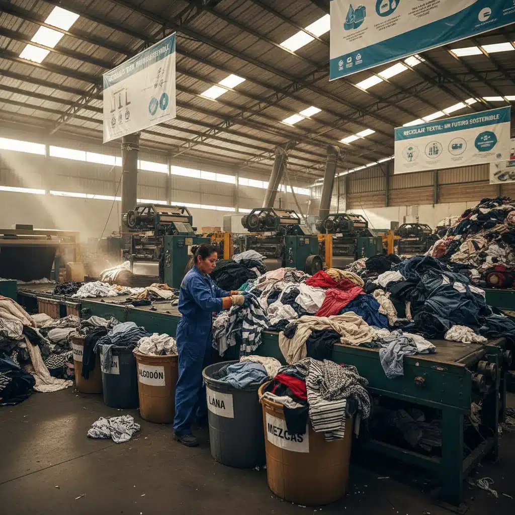 Trabajador clasificando telas en una planta de reciclaje textil en México.