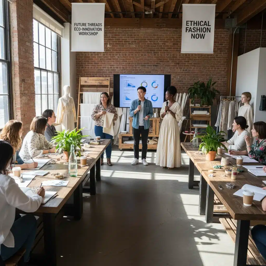 Profesionales de la moda en un taller de sostenibilidad, discutiendo materiales ecológicos y prácticas éticas.