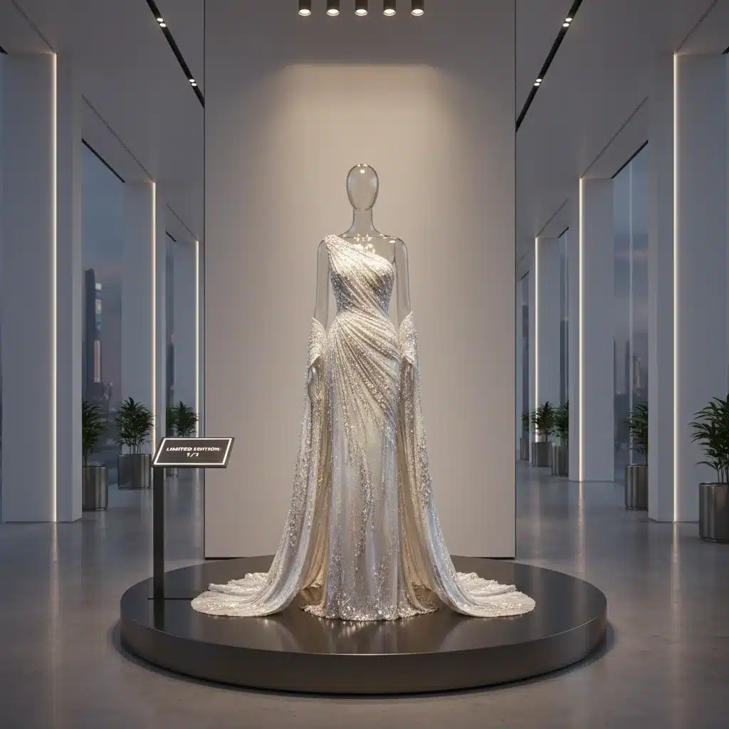 Exclusivo vestido de alta costura en exhibición minimalista, destacando su singularidad.