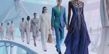 Models displaying 2026 high fashion accessories including a statement necklace, holographic glasses, and sustainable bag on a futuristic runway.