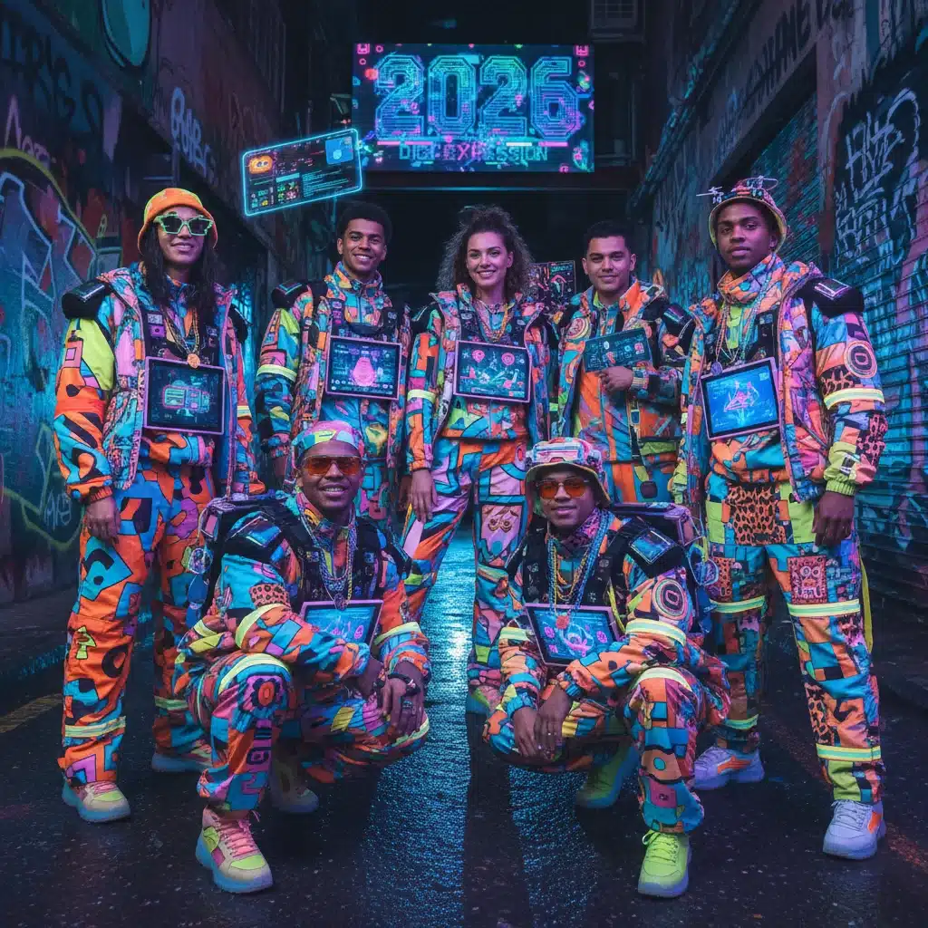 Youthful group in vibrant 2026 maximalist digital street style.