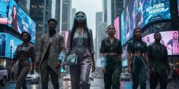 Diverse individuals displaying cutting-edge 2026 street style with digital fashion elements on a bustling city street.
