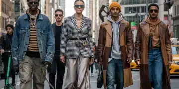 Diverse individuals displaying modern street style fashion on a vibrant city street in 2026.