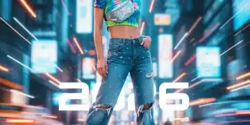 Model in 90s-2000s fashion blend, futuristic setting, vibrant colors