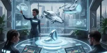 Emerging designers collaborating with AI in a futuristic studio setting, showcasing AI's role in design innovation.