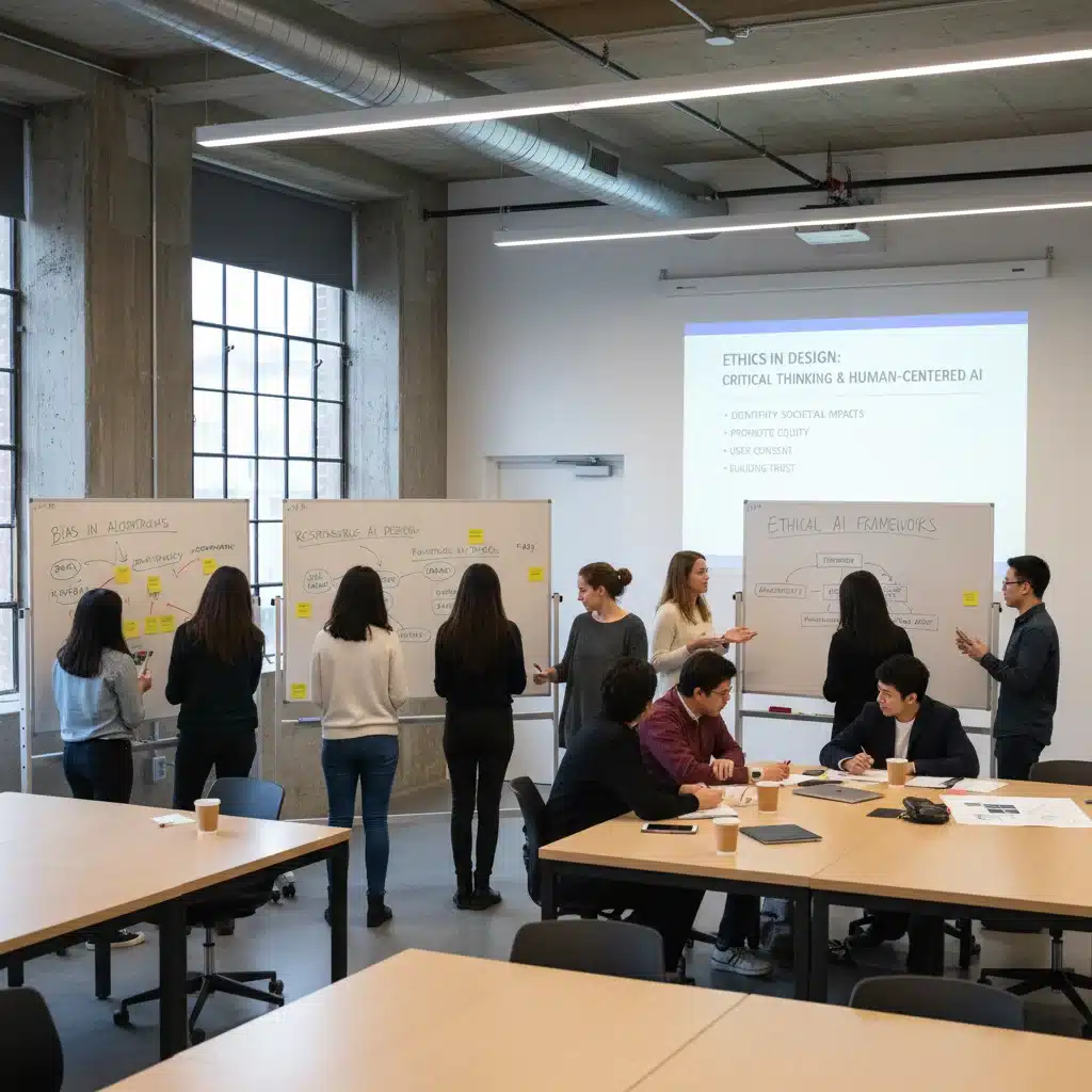 Design students discussing AI ethics and responsible design in a university workshop setting, fostering critical thinking.