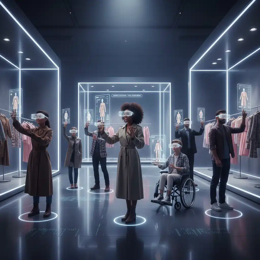Consumers using AR glasses for virtual fashion try-on experience.