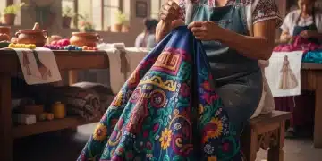 Artesana mexicana bordando vestido de alta costura de lujo, resaltando la habilidad y tradición.