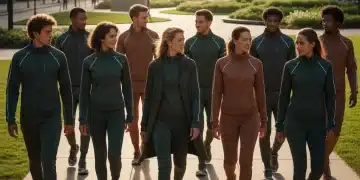 Diverse individuals wearing futuristic athleisure 2026 trends in urban setting