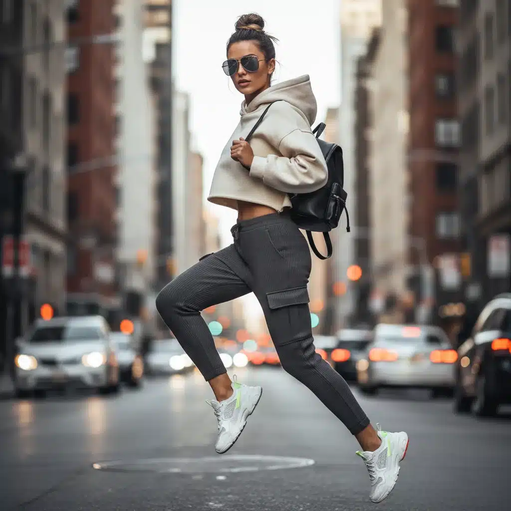 Dynamic athleisure street style look with joggers, hoodie, and sneakers.
