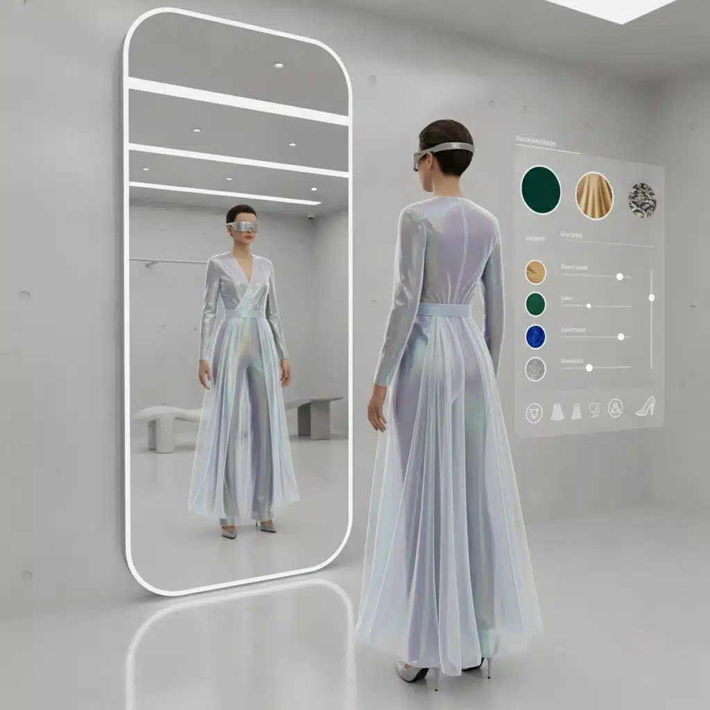 Person using AR glasses for virtual fashion try-on in a futuristic setting.