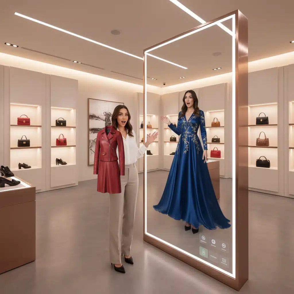 Customer using an augmented reality mirror to virtually try on high fashion clothing in a modern boutique.