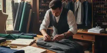 Tailor hand-stitching custom suit, bespoke fashion craftsmanship