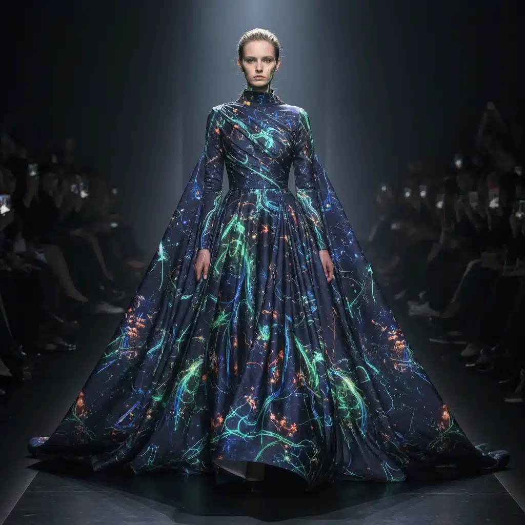 Bioluminescent digitally printed garment on a runway