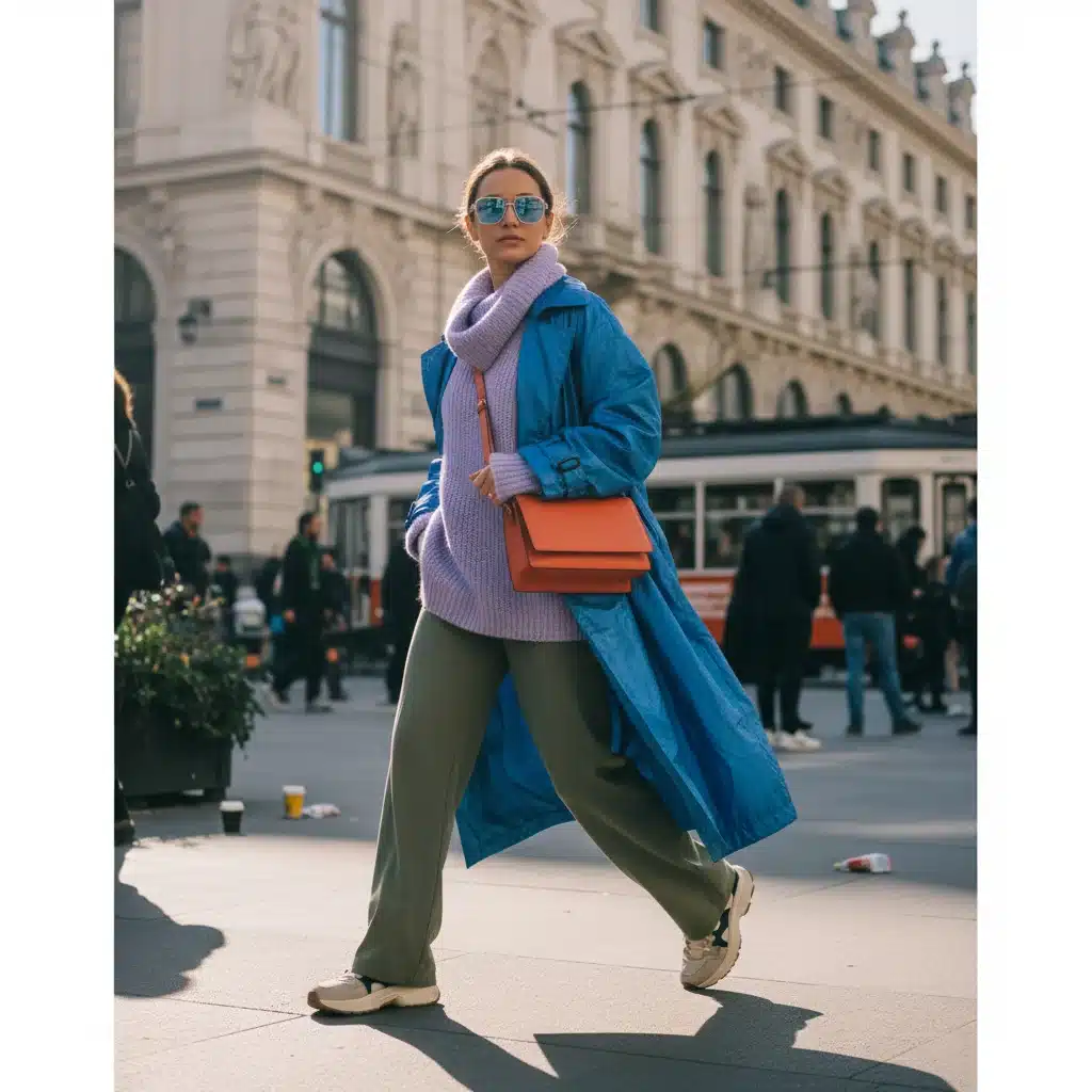 Electric blue trench coat with lavender and terracotta accents