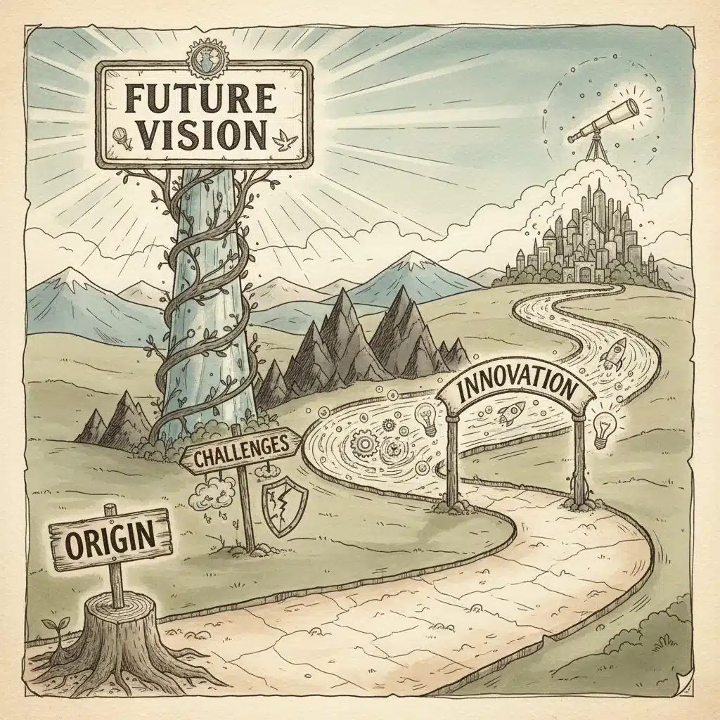 Illustrated brand journey path with key milestones of growth and vision