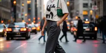 Woman in oversized graphic tee, wide-leg trousers, and white sneakers, showcasing budget street style.