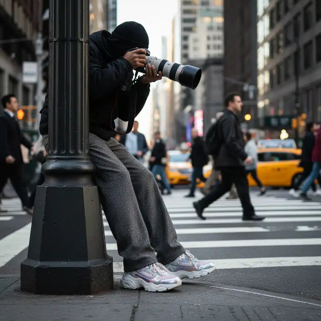 Photographer focusing on intricate fashion accessory, candid street shot, urban environment.
