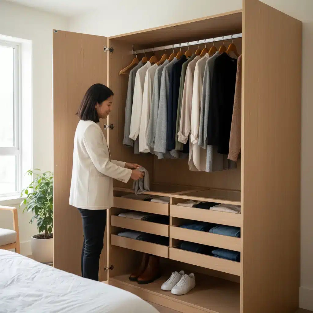 Organized capsule wardrobe with versatile, high-quality clothing items.