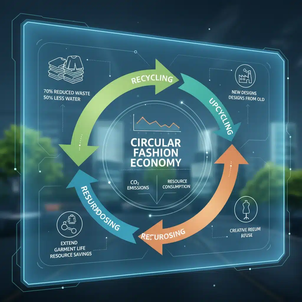 Infographic illustrating a circular economy model for high fashion, showing textile recycling and reuse.