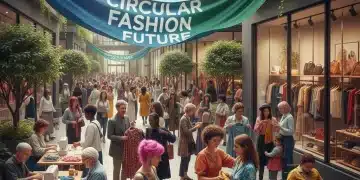 Diverse individuals participating in circular fashion activities, symbolizing a sustainable future.